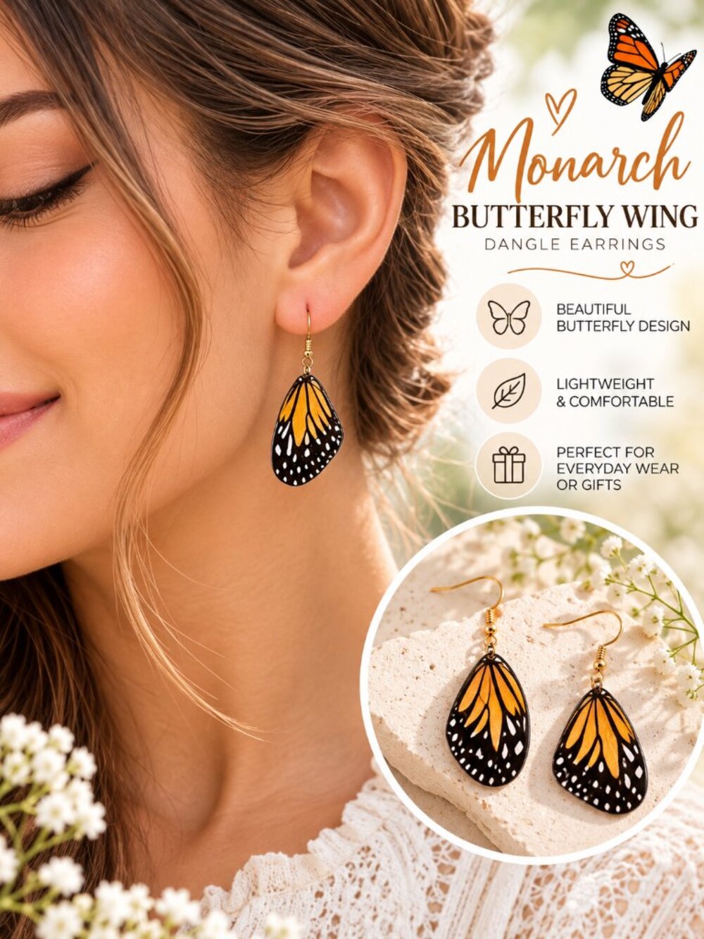 Monarch Butterfly Wing Dangle Earrings - Vibrant Orange Resin/Acrylic